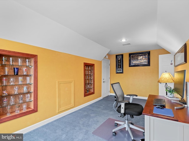 23811 Pembroke Ln, Millville, DE 19967 - office area featuring visible vents, baseboards, vaulted ceiling, and carpet