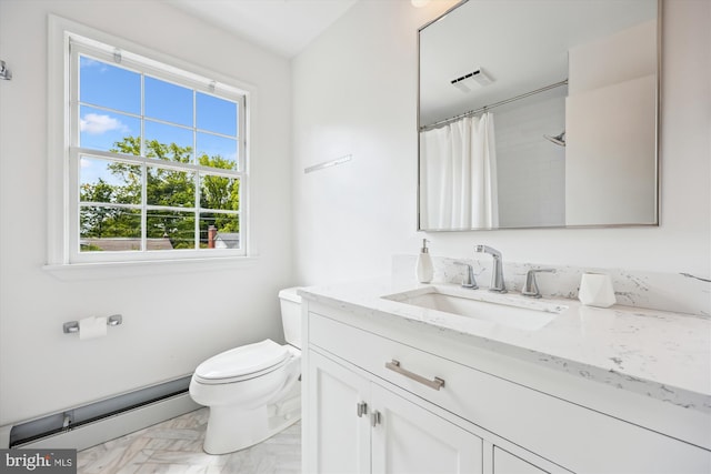 bathroom featuring a shower with curtain, visible vents, vanity, a baseboard radiator, and toilet
