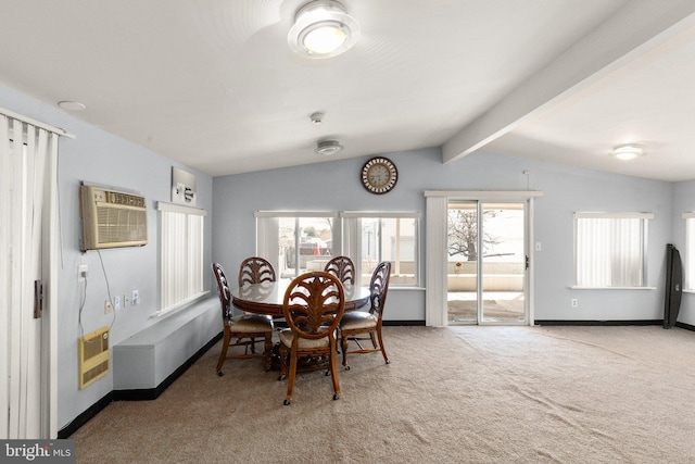 carpeted dining room with lofted ceiling with beams, heating unit, baseboards, and a wall unit AC