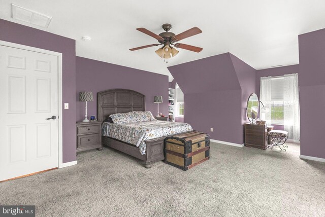 4270 Beulah Rd, Hurlock, MD 21643 - carpeted bedroom featuring baseboards, lofted ceiling, ceiling fan, and visible vents