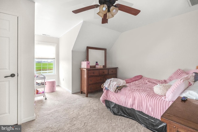 4270 Beulah Rd, Hurlock, MD 21643 - carpeted bedroom with baseboards, lofted ceiling, visible vents, and a ceiling fan