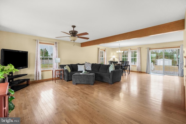 4270 Beulah Rd, Hurlock, MD 21643 - living room with a healthy amount of sunlight, ceiling fan with notable chandelier, baseboards, and hardwood / wood-style floors