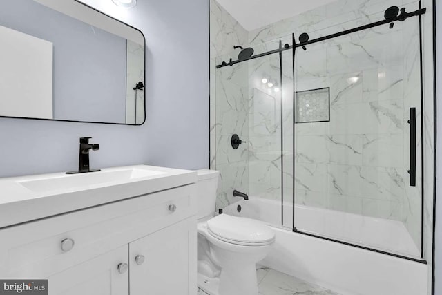 full bathroom featuring vanity, toilet, marble finish floor, and bath / shower combo with glass door