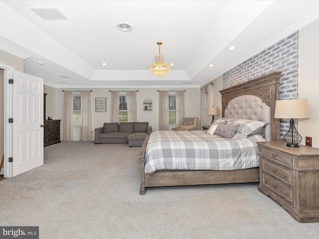bedroom featuring visible vents, an inviting chandelier, light colored carpet, recessed lighting, and a raised ceiling