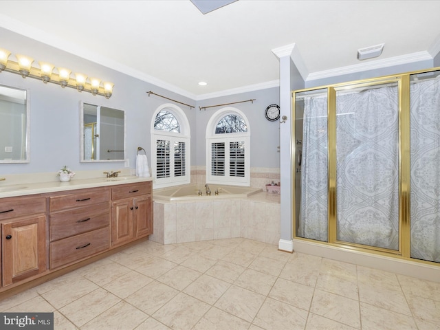 bathroom with double vanity, a garden tub, crown molding, tile patterned flooring, and a stall shower