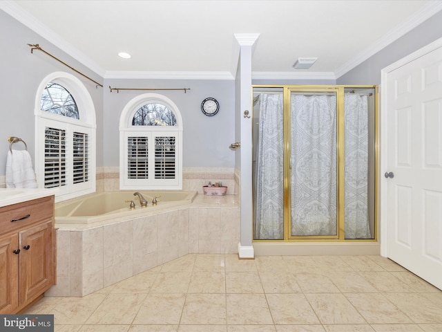 full bath featuring a garden tub, visible vents, a shower stall, vanity, and ornamental molding
