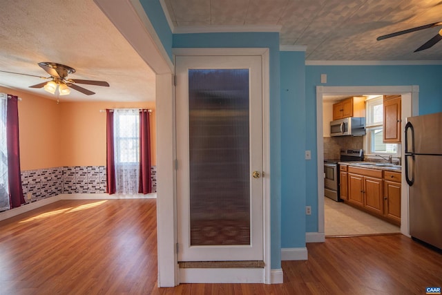 kitchen featuring light wood-type flooring, a ceiling fan, a sink, tasteful backsplash, and stainless steel appliances