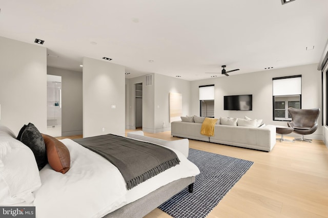 bedroom featuring a ceiling fan, recessed lighting, visible vents, and light wood finished floors