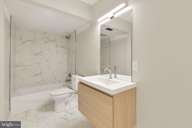 bathroom featuring visible vents, toilet, shower / bathtub combination, marble finish floor, and vanity