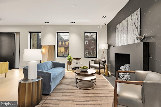 living room with wood finished floors and a large fireplace