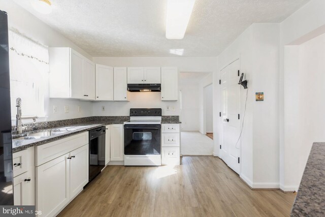 kitchen with black dishwasher, under cabinet range hood, a sink, light wood finished floors, and range with electric cooktop