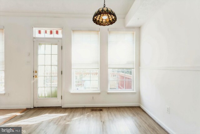 doorway featuring plenty of natural light, baseboards, wood finished floors, and visible vents