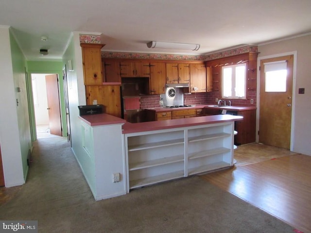 kitchen with open shelves, a sink, gas cooktop, a peninsula, and crown molding