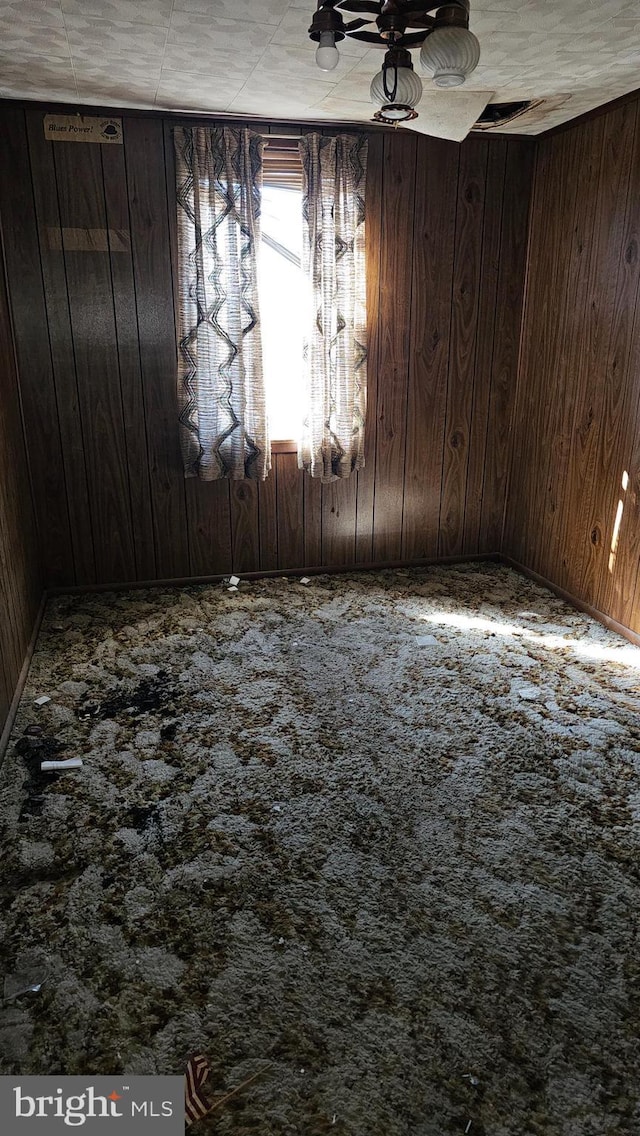 empty room featuring carpet floors and wooden walls