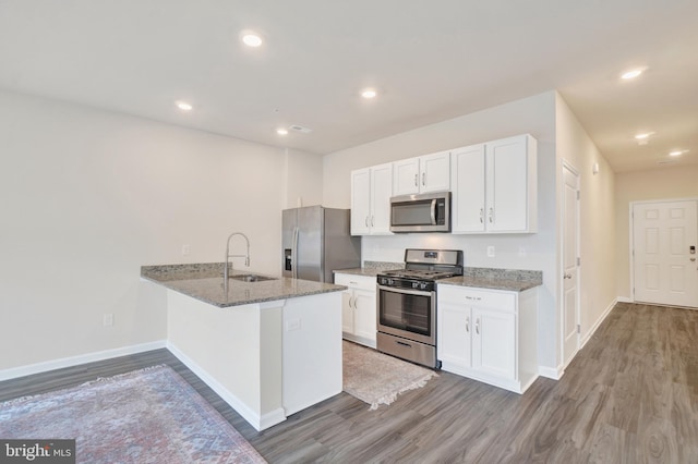 kitchen with light stone countertops, appliances with stainless steel finishes, wood finished floors, white cabinetry, and a sink