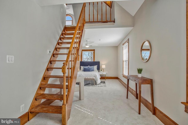 stairs featuring a ceiling fan, a high ceiling, baseboards, and carpet floors