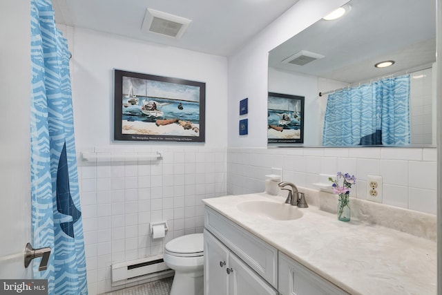 full bathroom with visible vents, toilet, tile walls, and a baseboard radiator