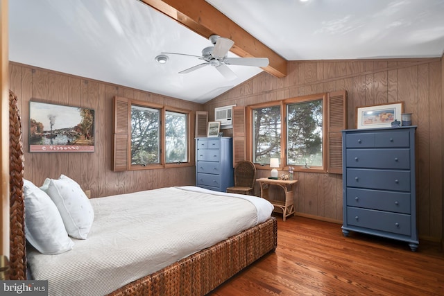 bedroom featuring a ceiling fan, vaulted ceiling with beams, wood finished floors, and wood walls