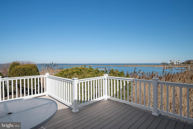 wooden deck featuring a water view