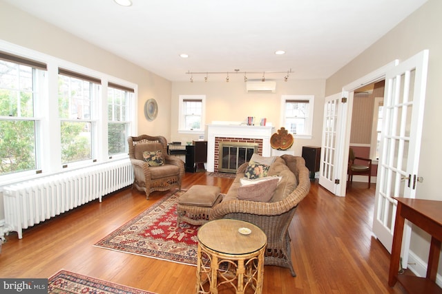 living area with radiator heating unit, a wall unit AC, french doors, a fireplace, and wood finished floors