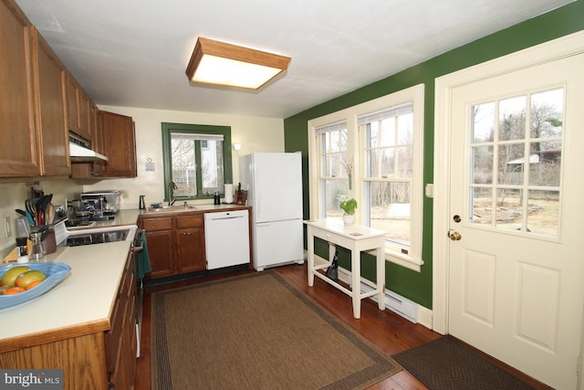 kitchen featuring a sink, under cabinet range hood, light countertops, white appliances, and dark wood-style flooring