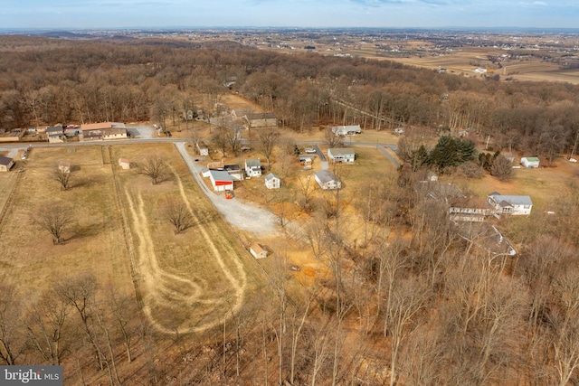 bird's eye view with a wooded view