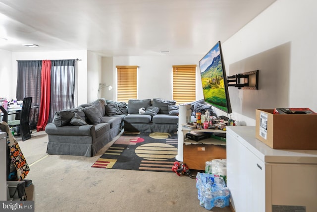 living room with carpet and visible vents