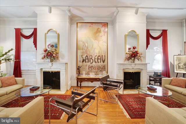 living room featuring rail lighting, a premium fireplace, wood finished floors, and crown molding