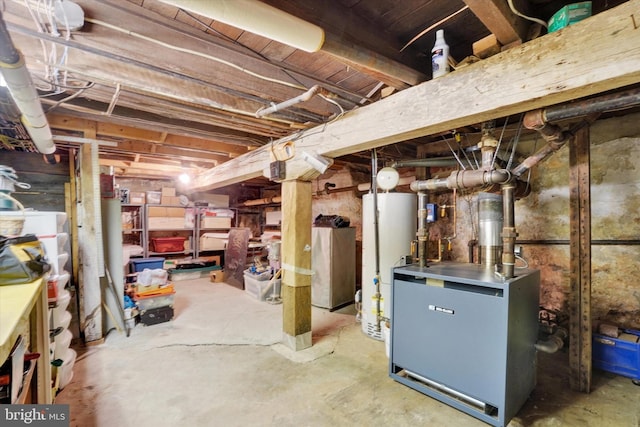 unfinished basement featuring gas water heater and a heating unit