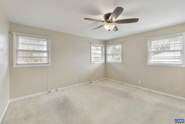 spare room with a ceiling fan, baseboards, and carpet floors