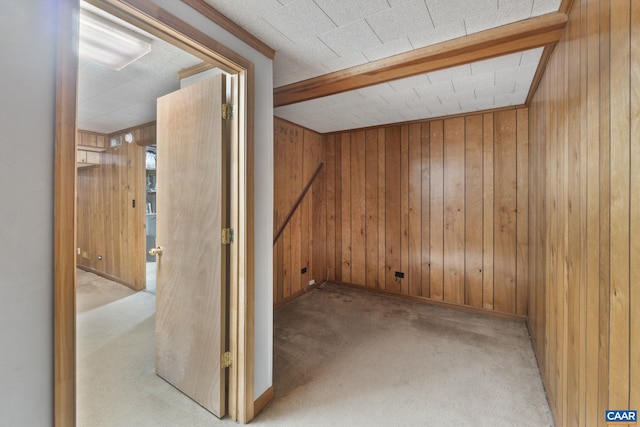 basement with carpet flooring and wood walls