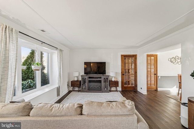 living room featuring a glass covered fireplace, baseboards, dark wood-type flooring, and visible vents