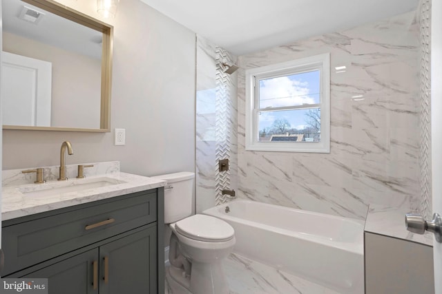 full bath featuring visible vents, toilet, bathtub / shower combination, marble finish floor, and vanity