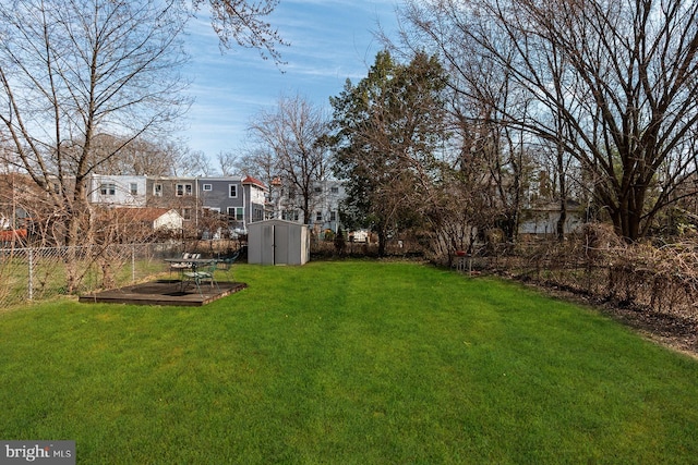 view of yard featuring a fenced backyard, an outdoor structure, and a shed