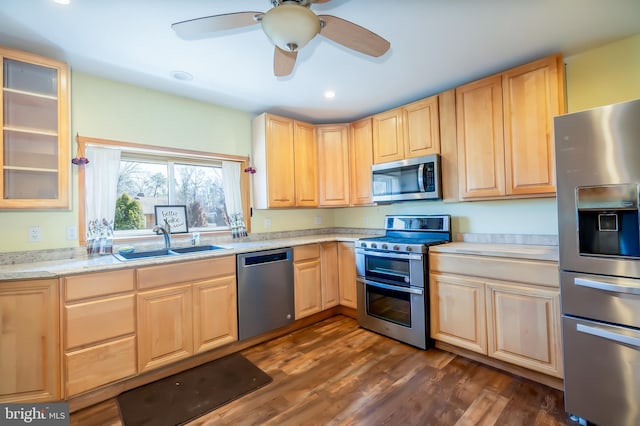 kitchen featuring light brown cabinets, dark wood-style flooring, appliances with stainless steel finishes, and a sink