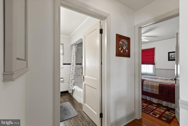 802 E 11th Ave, York, PA 17402 - hall featuring wainscoting, ornamental molding, and wood finished floors