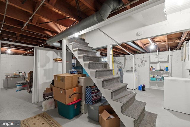 802 E 11th Ave, York, PA 17402 - unfinished below grade area with washing machine and clothes dryer, stairway, and refrigerator