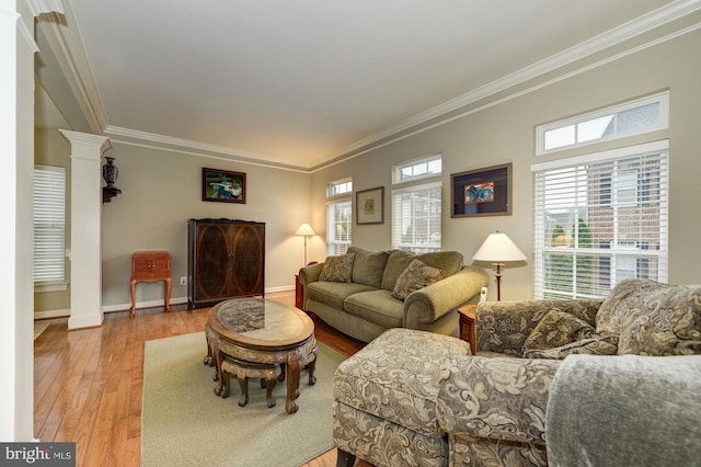 living area featuring a wealth of natural light, wood finished floors, and crown molding