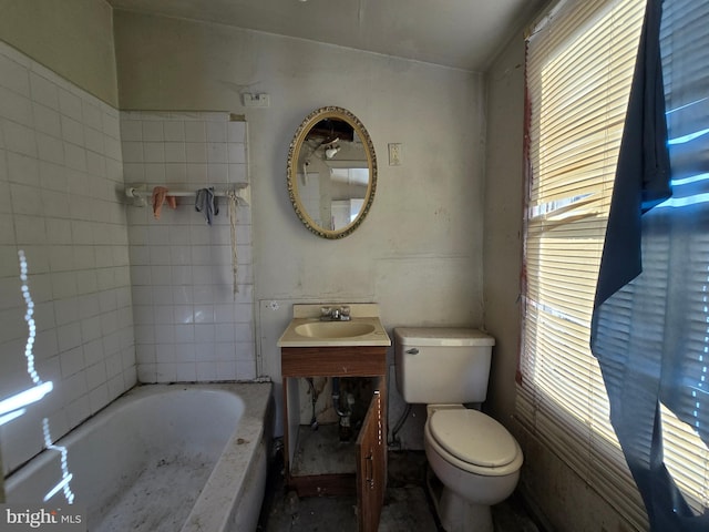 bathroom with a bathing tub, toilet, and vanity