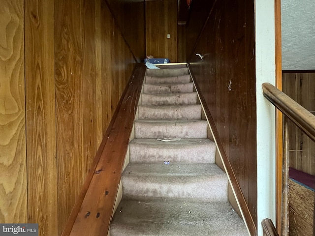 staircase featuring wood walls