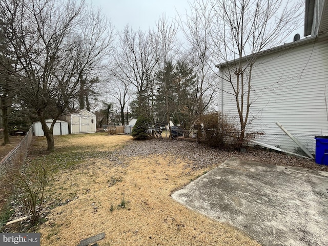 view of yard with a storage unit, an outdoor structure, and fence