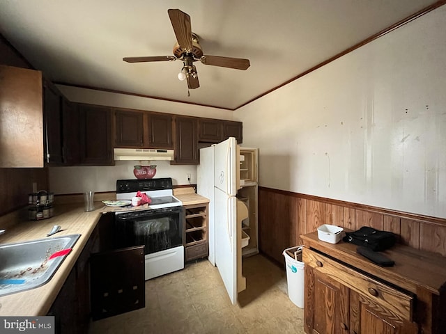 kitchen with under cabinet range hood, a wainscoted wall, light countertops, white appliances, and a sink