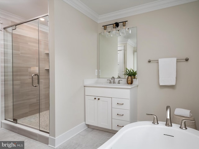 full bath with ornamental molding, a shower stall, tile patterned flooring, baseboards, and vanity