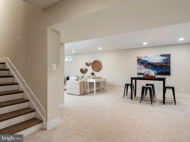 rec room with recessed lighting, baseboards, and carpet