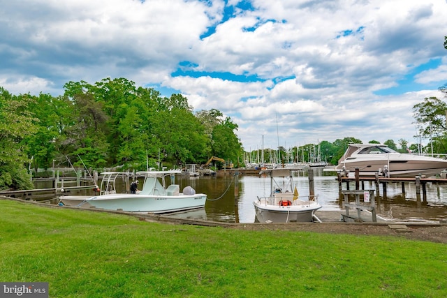 dock area featuring a yard and a water view