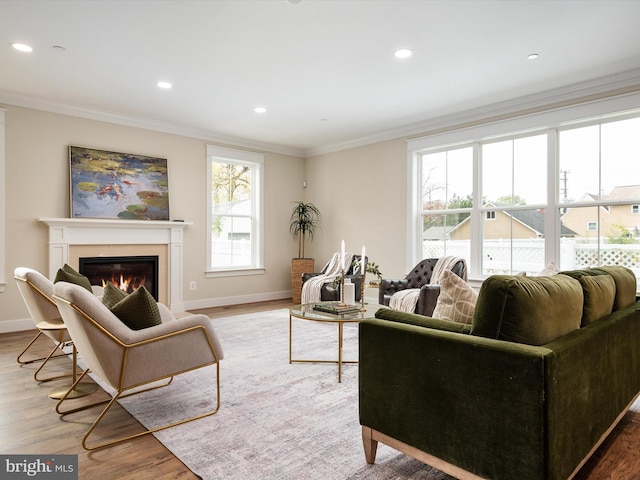 living room with a glass covered fireplace, wood finished floors, recessed lighting, crown molding, and baseboards