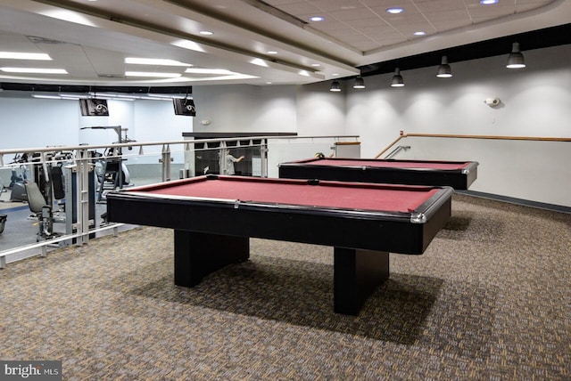 playroom with pool table, carpet flooring, baseboards, and a drop ceiling