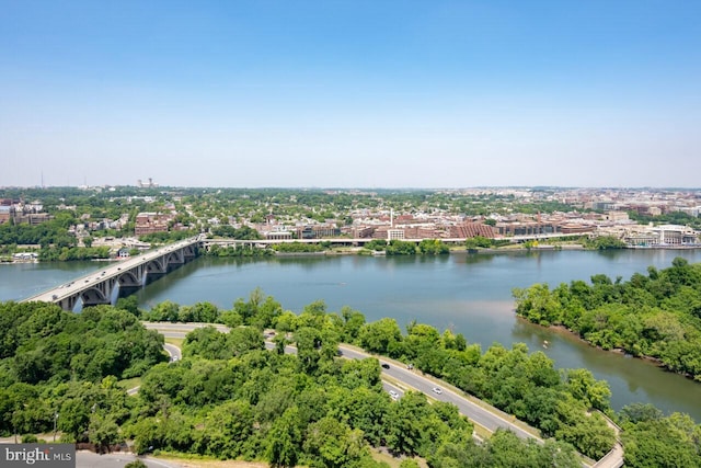 aerial view with a city view and a water view