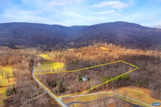 birds eye view of property with a mountain view and a wooded view