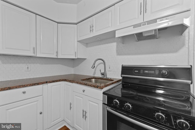 kitchen featuring a sink, range with electric cooktop, under cabinet range hood, white cabinetry, and tasteful backsplash